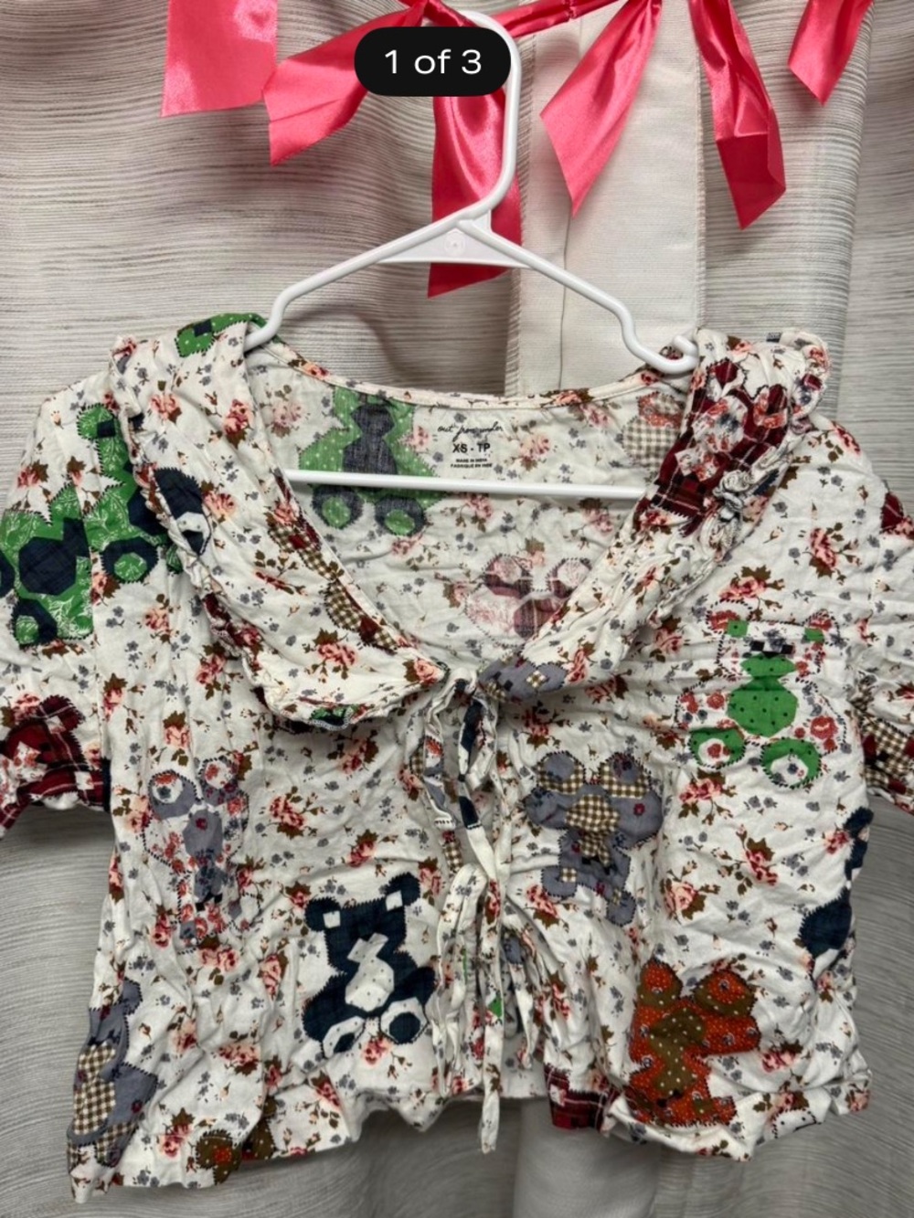 Urban Outfitters White Floral Patchwork Tie-Front Tee with Colorful Appliqués